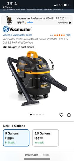 Vacmaster Professional Beast Series VFB511H 0201 5- Gal 5.5 PHP Wet/Dry Vac