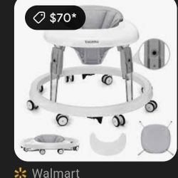 One-Touch Folding Baby Walker, Anti-Roll 8-Wheel Round Chassis, 7-Speed Height Adjustment, with Large Dinner Plate and Brake, 6-18 Months Baby Walker,