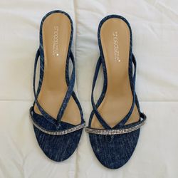 Shoedazzle Manci Blue Denim Wedge Slip On Sandal
