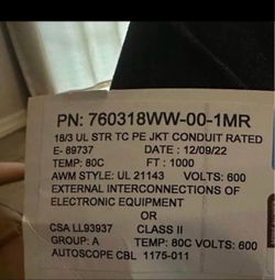 New 18/3 UL Tray Cable 600V – 1000ft Spool