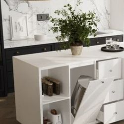 White Kitchen Island With Storage, Stationary Island Table With Painted Stone Countertop, Trach Can Storage