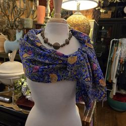 Pretty Floral Blue Scarf  With Mini Fringe
