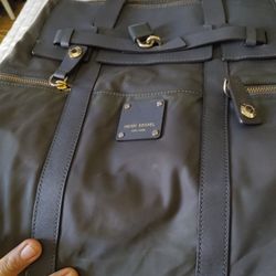 NWOT Henri Bendel Jetsetter Nylon & Leather Large Grey Backpack with stitching