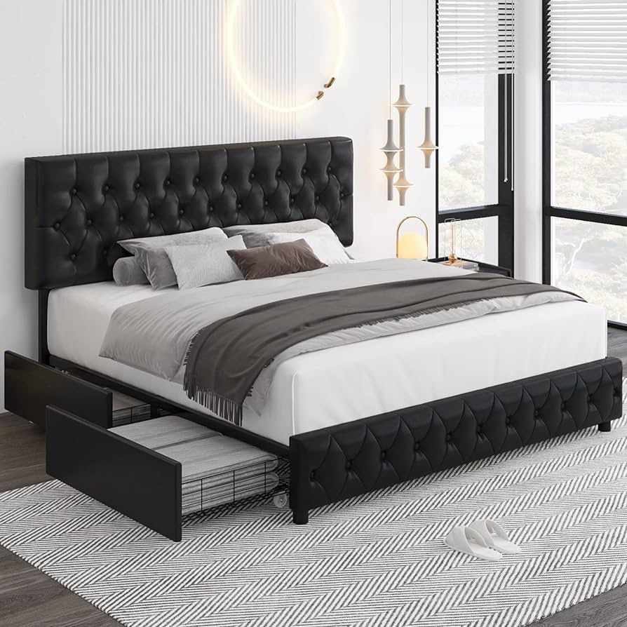King Size Modern Upholstered Bed Frame with 4 Drawers, Button Tufted Headboard Design, Solid Wooden Slat Support, Easy Assembly, King Size, Black