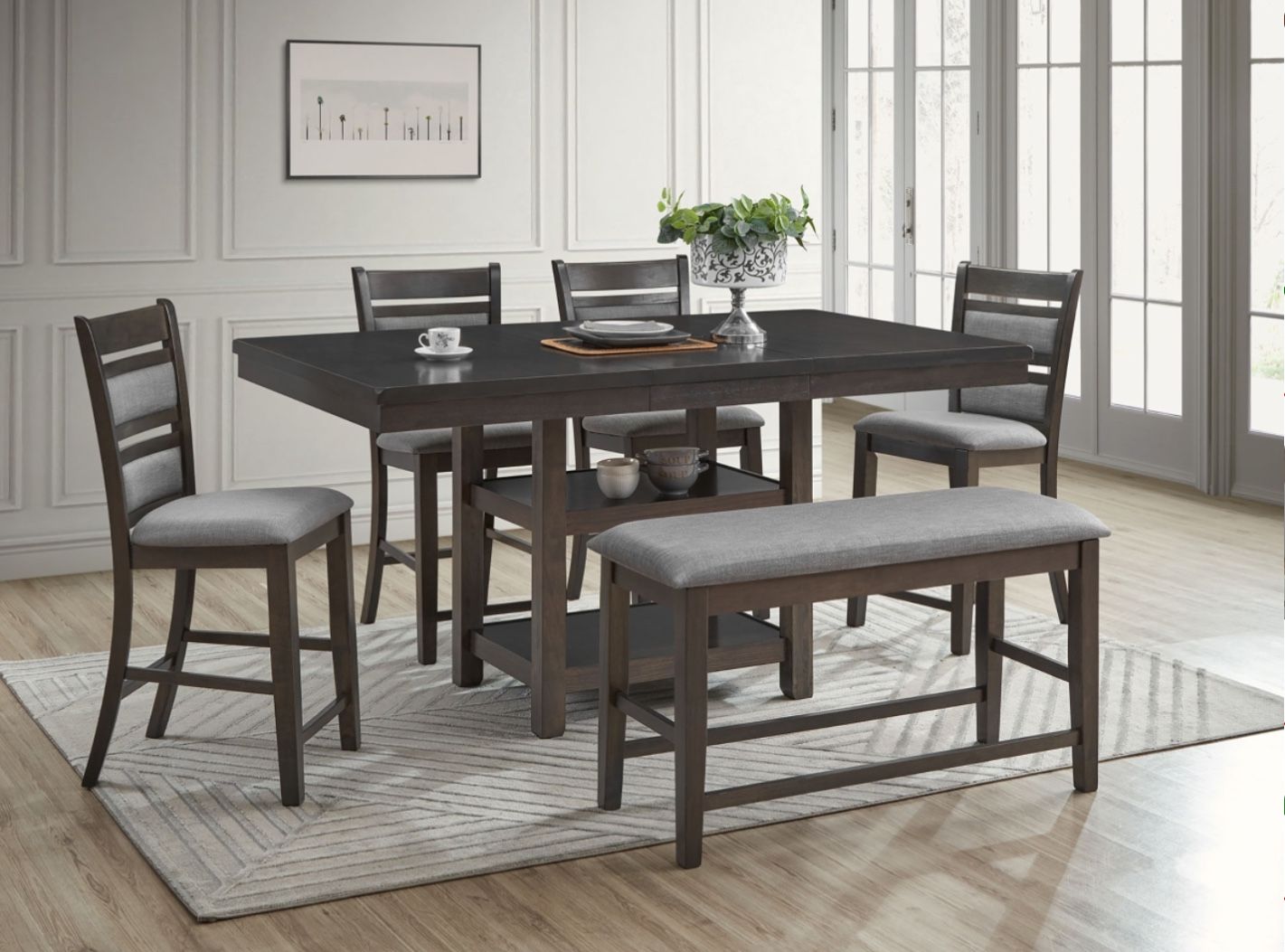 6 Pc Wooden Counter Top Table With Bench And 4 Chairs. Special Price For A Limited Time !