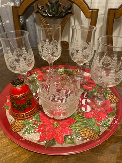 Christmas glasses  , tray, bell.