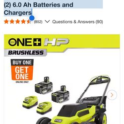 RYOBI ONE+ HP 18V Brushless 20 in. Cordless Battery Walk Behind Self-Propelled Lawn Mower w/ (2) 6.0 Ah Batteries and Chargers