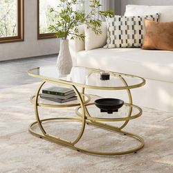 40" Glass Coffee Table with Metal Frame, Storage Living Room Table for Home, Sturdy, Tempered Glass, Easy to Assemble, Gold