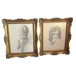 Antique Pair Original Drawing Pencil Graphite Female Portrait Vintage Gold Frame