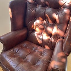 Classic Leather Wingback Reading Chair with Ottoman 