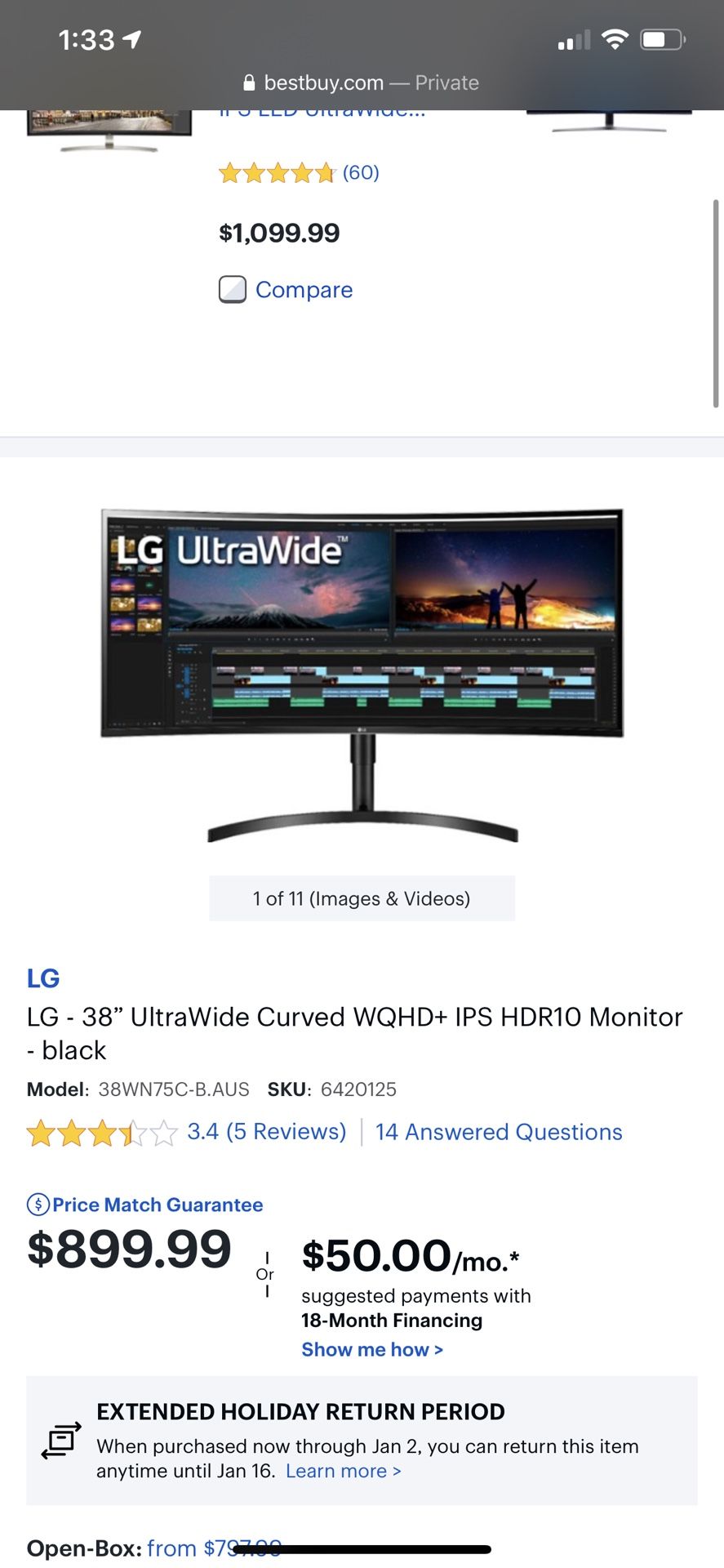 LIKE NEW 38 Inch Curved 2K 75Hz Monitor