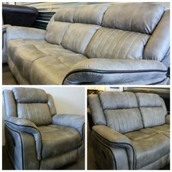 Brand New Gray Polished Microfiber Reclining Sofa Loveseat & Chair 