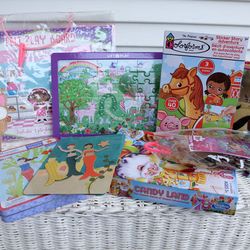 Girls Activity & Puzzles Set-Felt Sweet Shop Board, Magnetic Mermaid Tin (Not Complete), Colorform, Candyland, Ice Cream Purse, Princess, Unicorn, Etc