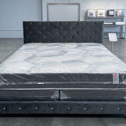 New King Bed Frame  Dark Gray + Plastic Sealed King Mattress + Box Spring 