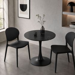 Black Minimalist Modern Dining Set: 31.5" Black Round Tulip Base Dining Table + 2 Blk PPP Dining Chairs [NEW]  [Table Req. Assembly]