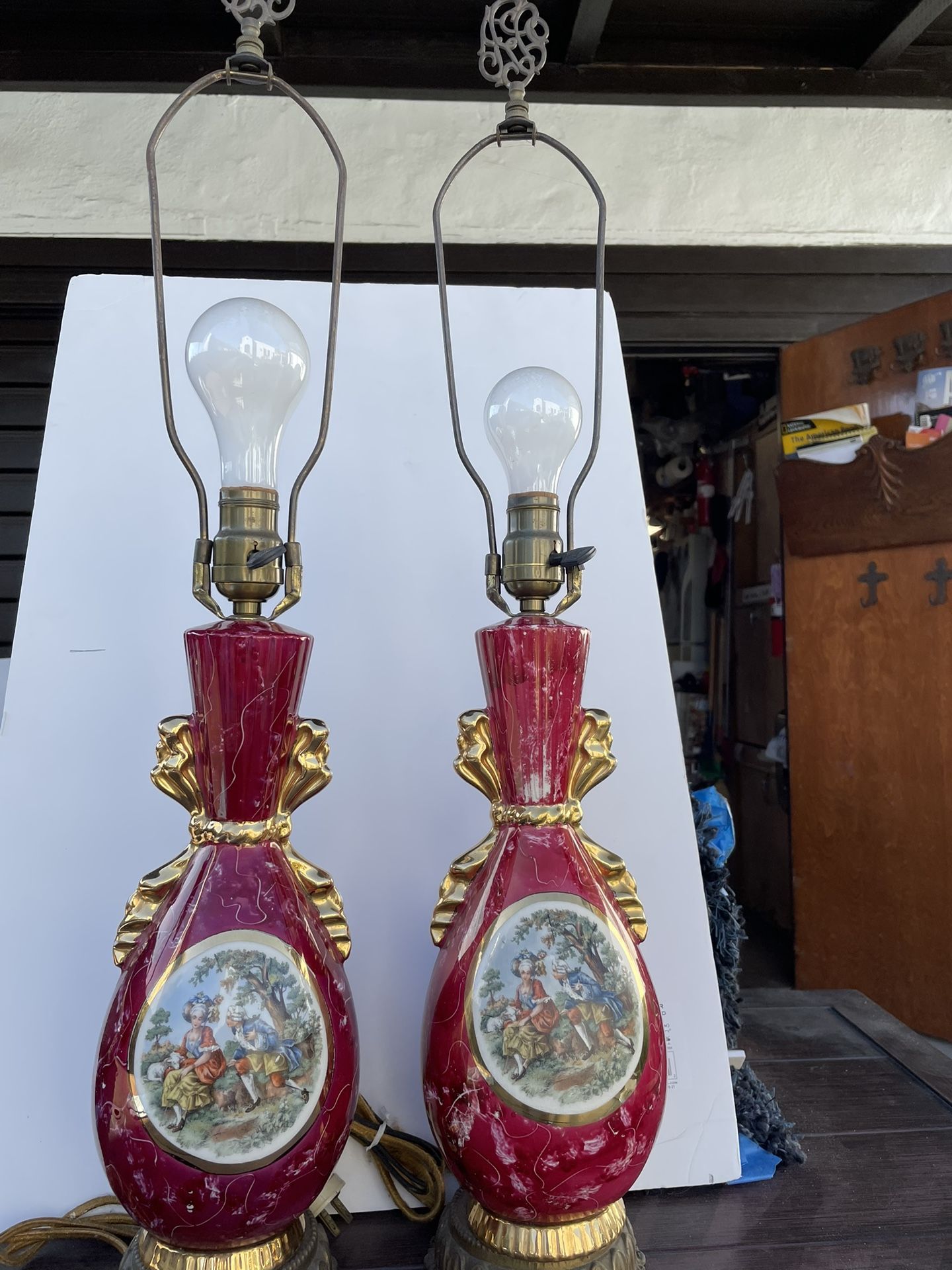 Gorgeous Pair Of Antique Victorian Painted Lamps