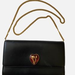 Auth Vintage Versace Black Leather Handbag: Red Heart Logo & Gold Chain Straps 