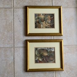 Pair Of 13” X 15” Gold And Green Flower Prints