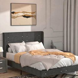 Queen Tufted Upholstered Platform Bed Frame with Linen Height Headboard, Wood slats, No Box Spring