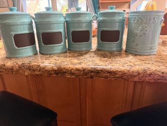 Turquoise Ceramic Canister Set with Utensil Holder