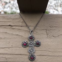 Nice Vintage Sterling Silver .925 Amethyst Cross Pendant On 19” Chain