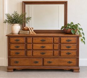 Vintage 11-Drawer Wood Dresser with Matching Mirror