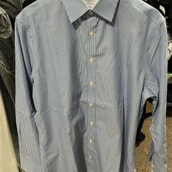 Charles Tyrwhitt Men's Blue White Striped Dress Shirt 16.5 34 Slim Non-Iron