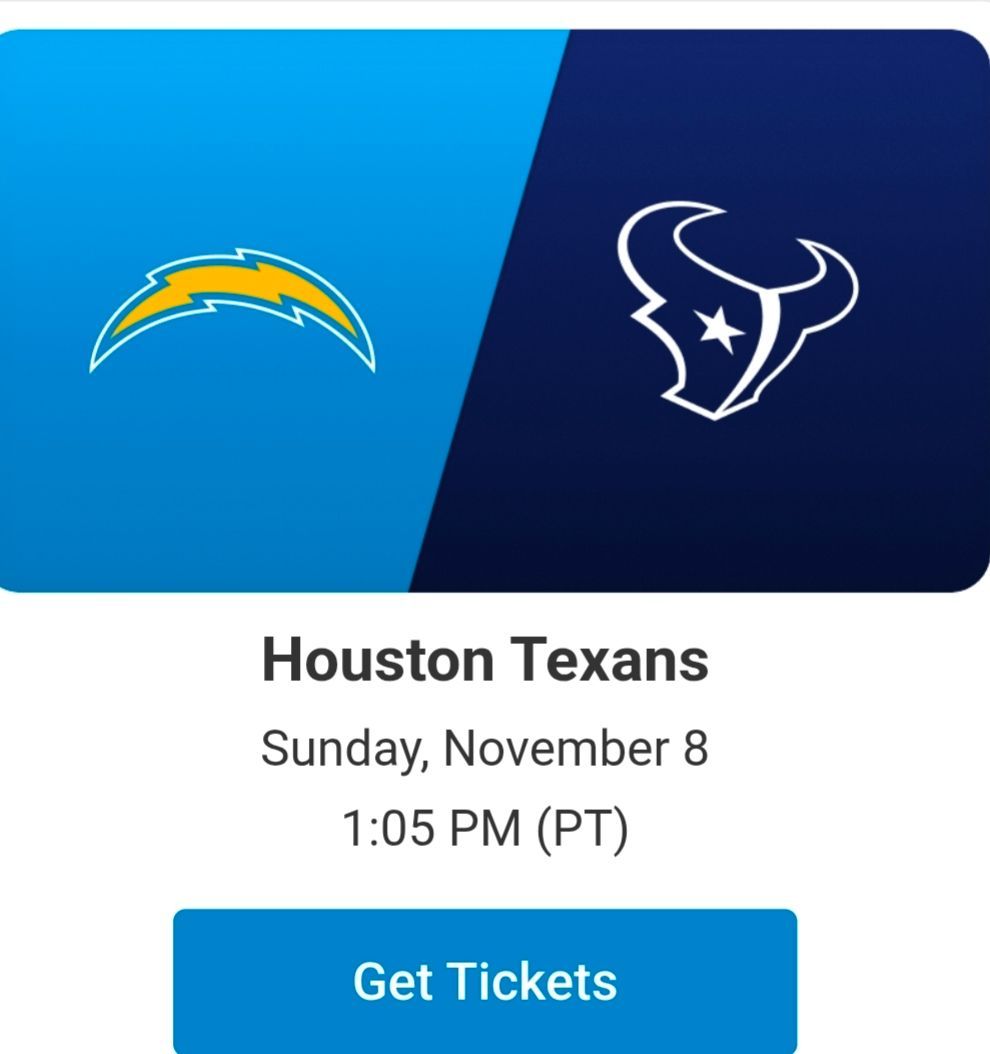 Chargers vs Texans November 8th visitors side section 101