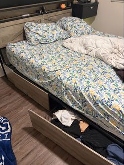LED queen bed frame with pull out drawers