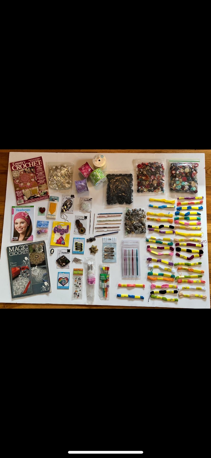 Assorted Craft Items - Buttoons, Yarn/Thread Remnants, ribbon & Other