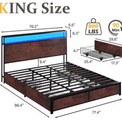 (Damages) King Bed Frame with 2-Tier Storage Headboard, Metal Platform Bed Frame with 4 Storage Drawers, Built in Charging Station & LED, Noise-Free/M