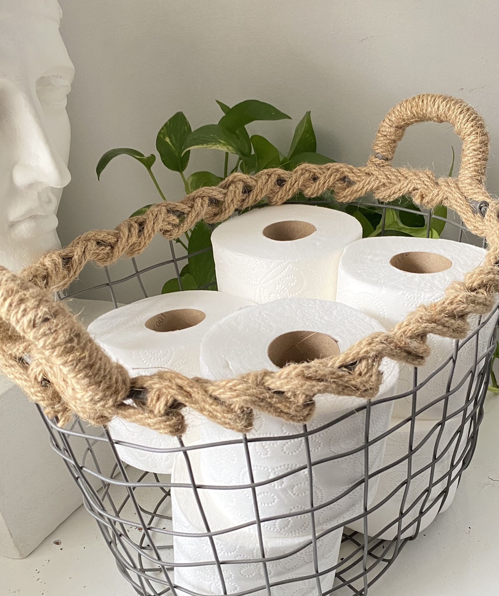 16x11 ANTIQUE NIGHT TABLE WIRE metal & rope linen basket toilet paper holder magazine rack vintage