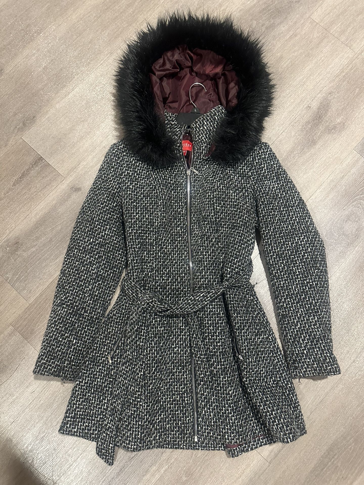 GUESS Faux-Fur-hooded Skirted coat winter peacoat