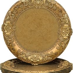  13" Antique Gold Charger Plates, Plate Chargers with Embossed Rim, Round Plastic Charger Plates for Wedding, Table Decor, Set of 6