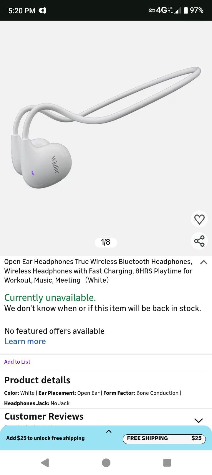 Open Ear Bone Conduction Bluetooth Headphones White 