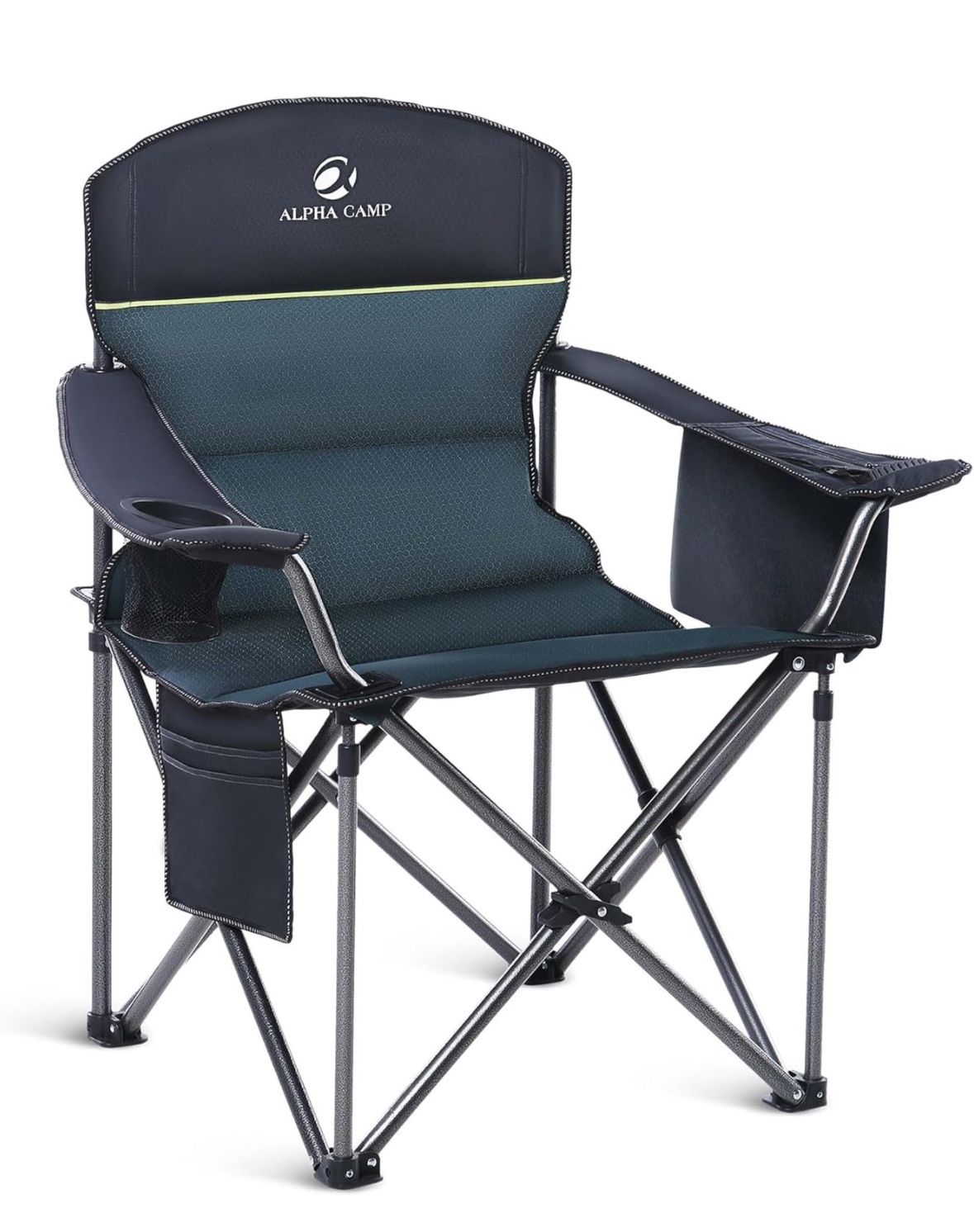 ALPHA CAMP Oversized Heavy Duty Lawn Chair with Cooler Bag Support 450 LBS Steel Frame Camping Folding Collapsible Padded Quad Lumbar Back Arm Chair f