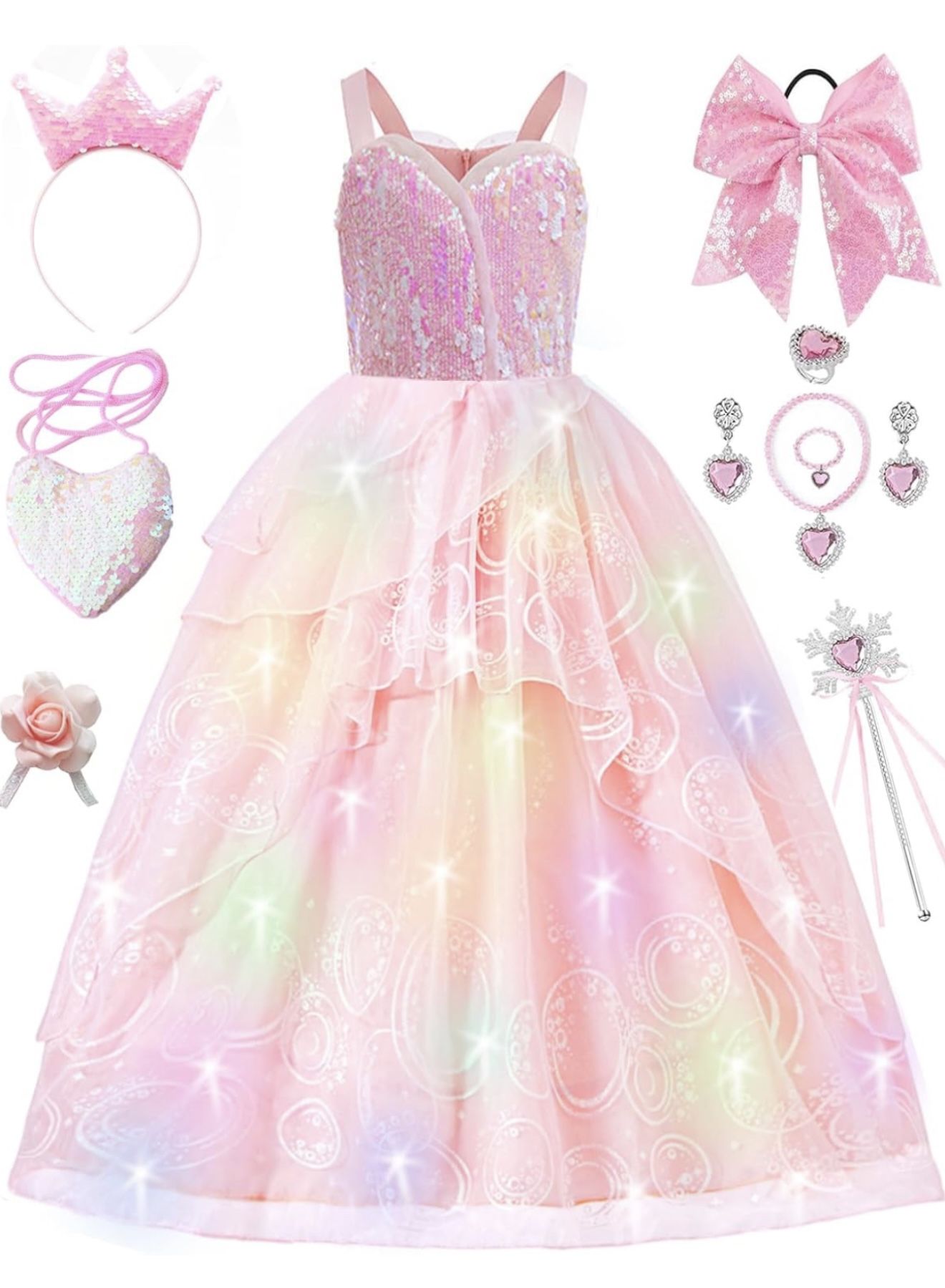 Girls Light Up Pink Witch Costume Dress - Kids Halloween Party Cosplay Outfit Clothes Apparels