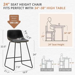 Bar Stools Set of 2, 24" ALX Faux Leather Barstools, Modern Counter Height Stools with Back and Metal Legs, Armless Counter Chairs for Kitchen Island,