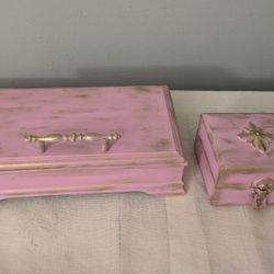 Set Of 2 Pink And Golden Distressed Jewelry Boxes 