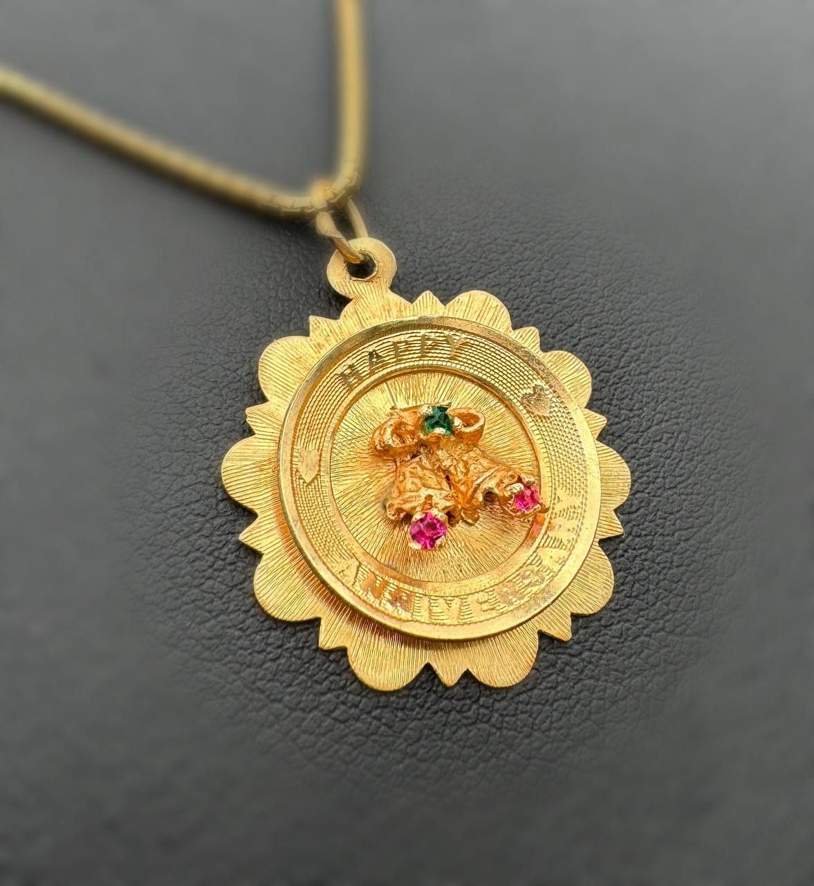 14k solid yellow gold Happy Anniversary Emerald Ruby 0.1CTW Pendant charm