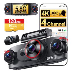 Brand New 4 Channel 360° Dash Cam 4K+3 * 1080P with 128GB SD Card
