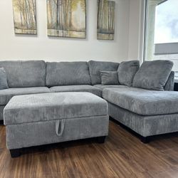 Gray Corduroy Sectional + Ottoman 