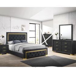 4 Piece Bed Set Black Velvet Gold Accent Set Includes Bed Frame 1 Nightstand 1 Dresser 1 Mirror Brand New In Box Firm Price Queen $680 EKing $740