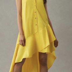 Anthropologie Asymmetrical Dress Yellow Sleeveless Buttondown Ruffle-Hem 