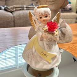 Beautiful! Lefton Vintage Angel Statue “MAY” Music Box Plays Happy Birthday!