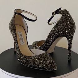 Jimmy Choo LUCY 100 Black Halo Crystal Suede Pointy Toe  Size 7