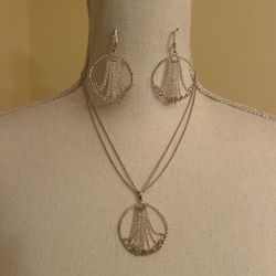.925 Sterling Silver Waterfall Multi Strand Chain Hoop Necklace Earring Set
