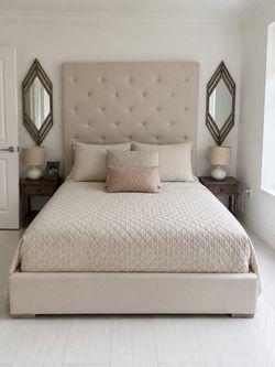 Beautiful Beige Tufted Queen Upholstered Bed – Excellent Condition – $450 OBO