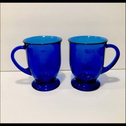 1970’s Anchor Hocking Cafe Cobalt Blue Glass Set of 2 Mugs 16 oz