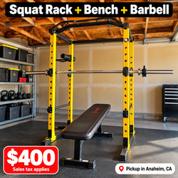 Squat Rack + Marcy Bench + TKO 7' Barbell – Home Gym Setup